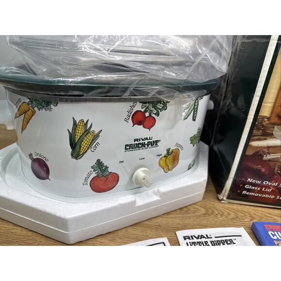 RIVAL 5.5 Qt Crock Pot Slow Cooker Vegetable Design + 1 Qt Dipper + Cook Book - Picture 6 of 13